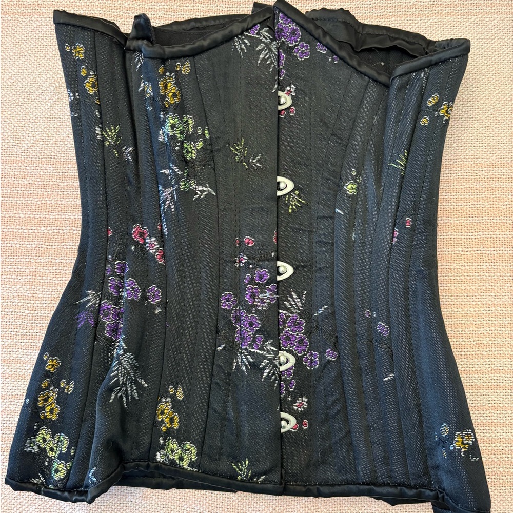 Orchard Corset Black Floral Boned Lace Up Underbust Corset Size 18" Women